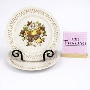 MCM Metlox Poppytrail Vernon Ware FRUIT BASKET Brown Speckle Dinner Plate Set 2